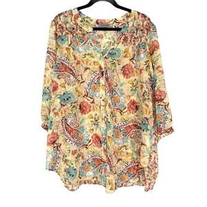 NWT Figueroa & Flower Womens Button Up Blouse Size 2X Cottage Boho Paisley